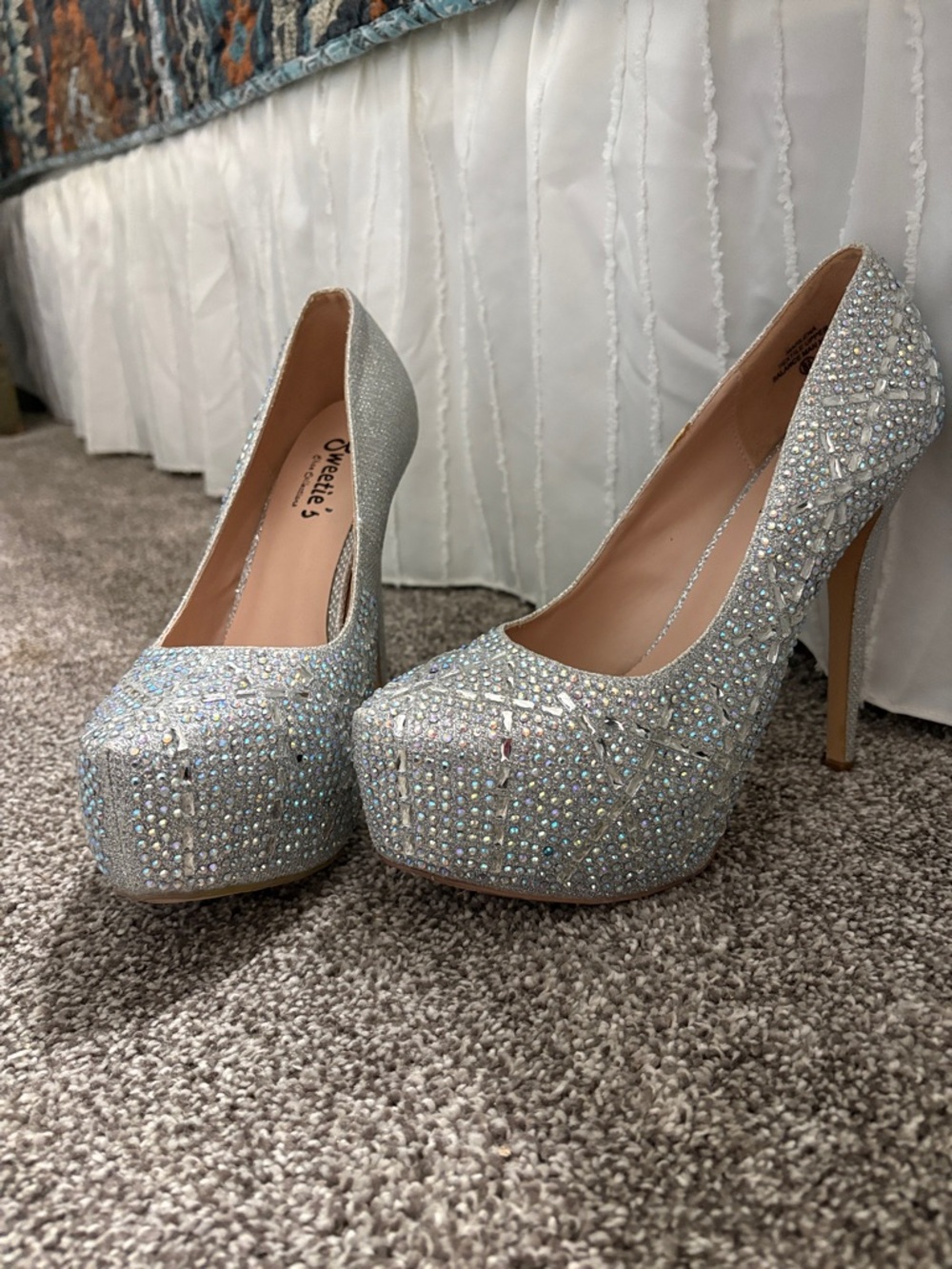 Breckelles Iridescent Silver Crystal Platform Pumps